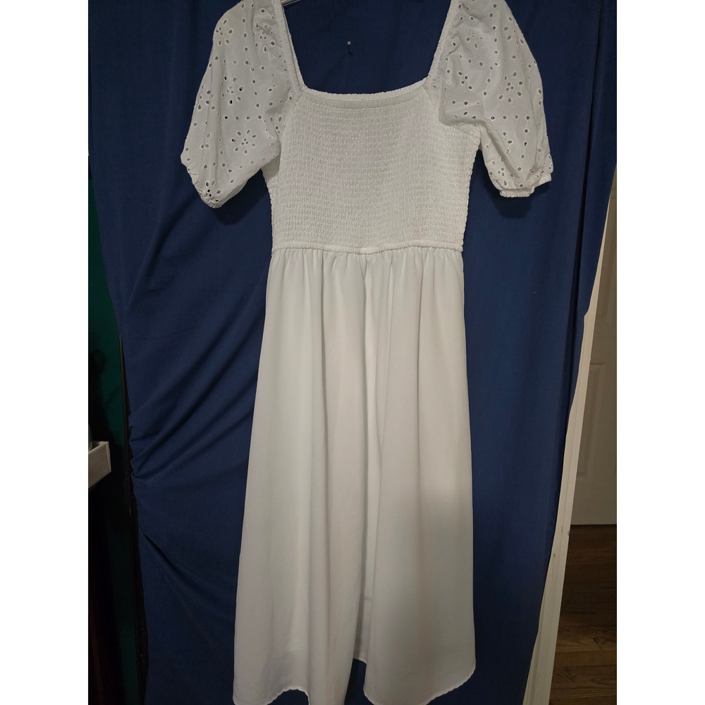 Maurices White Smocked Eyelet Puff Sleeve Midi Dress Square Neck Side Slit